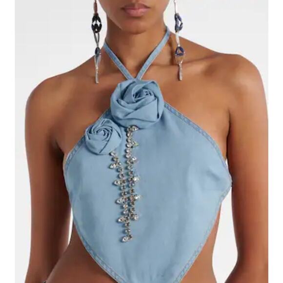 AREA Floral Appliqué Denim Halter Top Super Light Blue Medium 100% Cotton